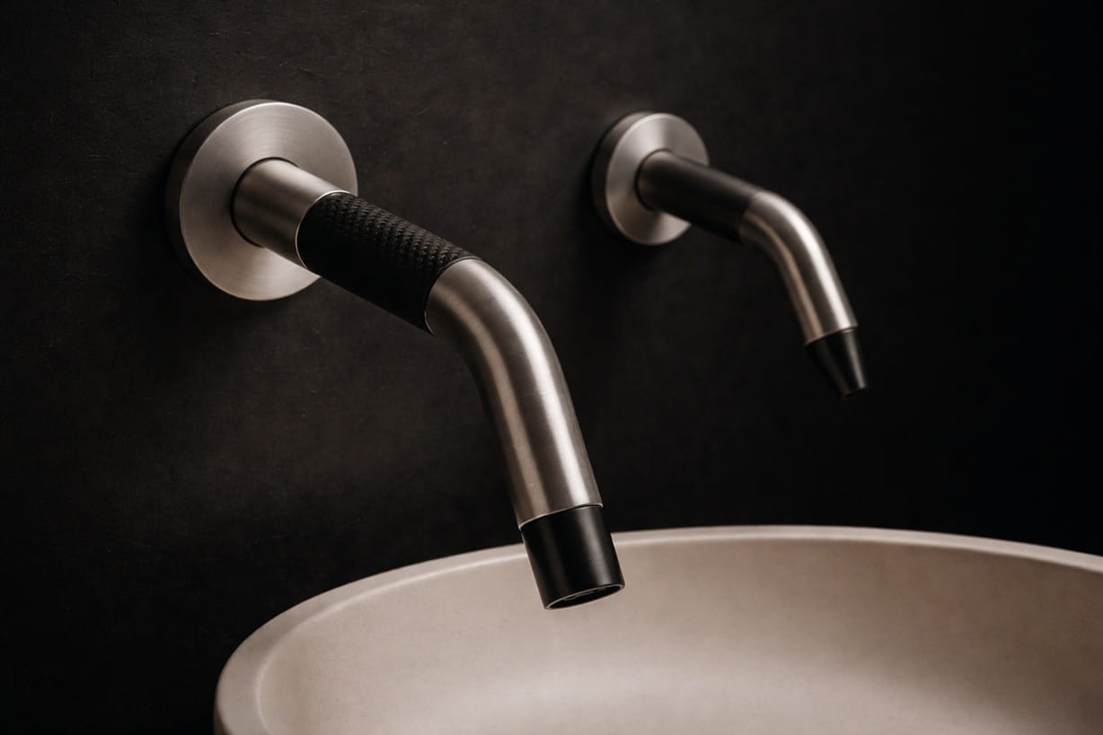 Faucets on black wall